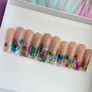 Flower Encapsulated French Tip Press On Nails Classy Pretty and Cute